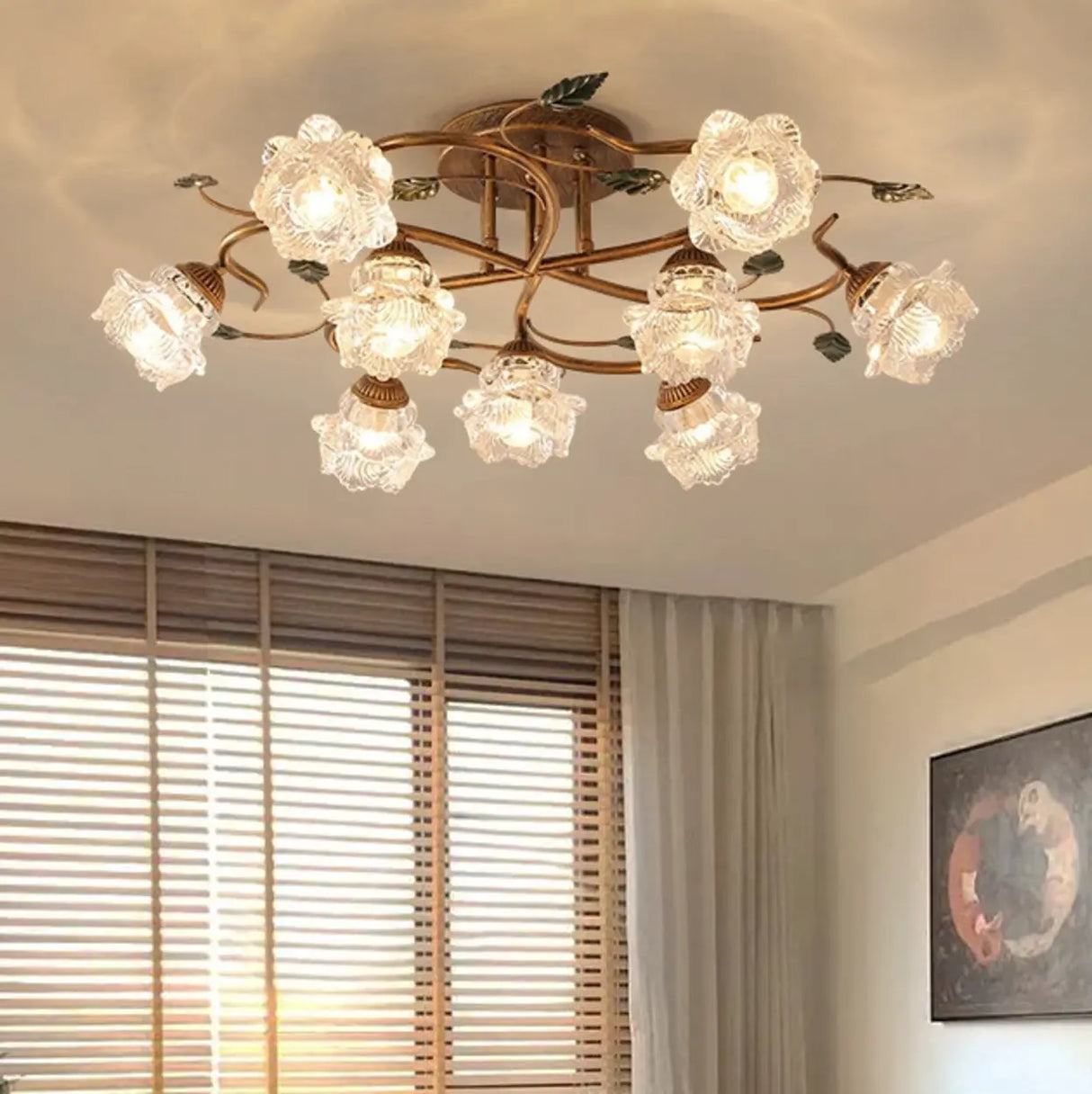 Retro Floral Brass Glass Semi-Flush Mount Ceiling Light Image - 2