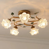 Retro Floral Brass Glass Semi-Flush Mount Ceiling Light Image - 3