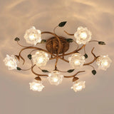 Retro Floral Brass Glass Semi-Flush Mount Ceiling Light Image - 4