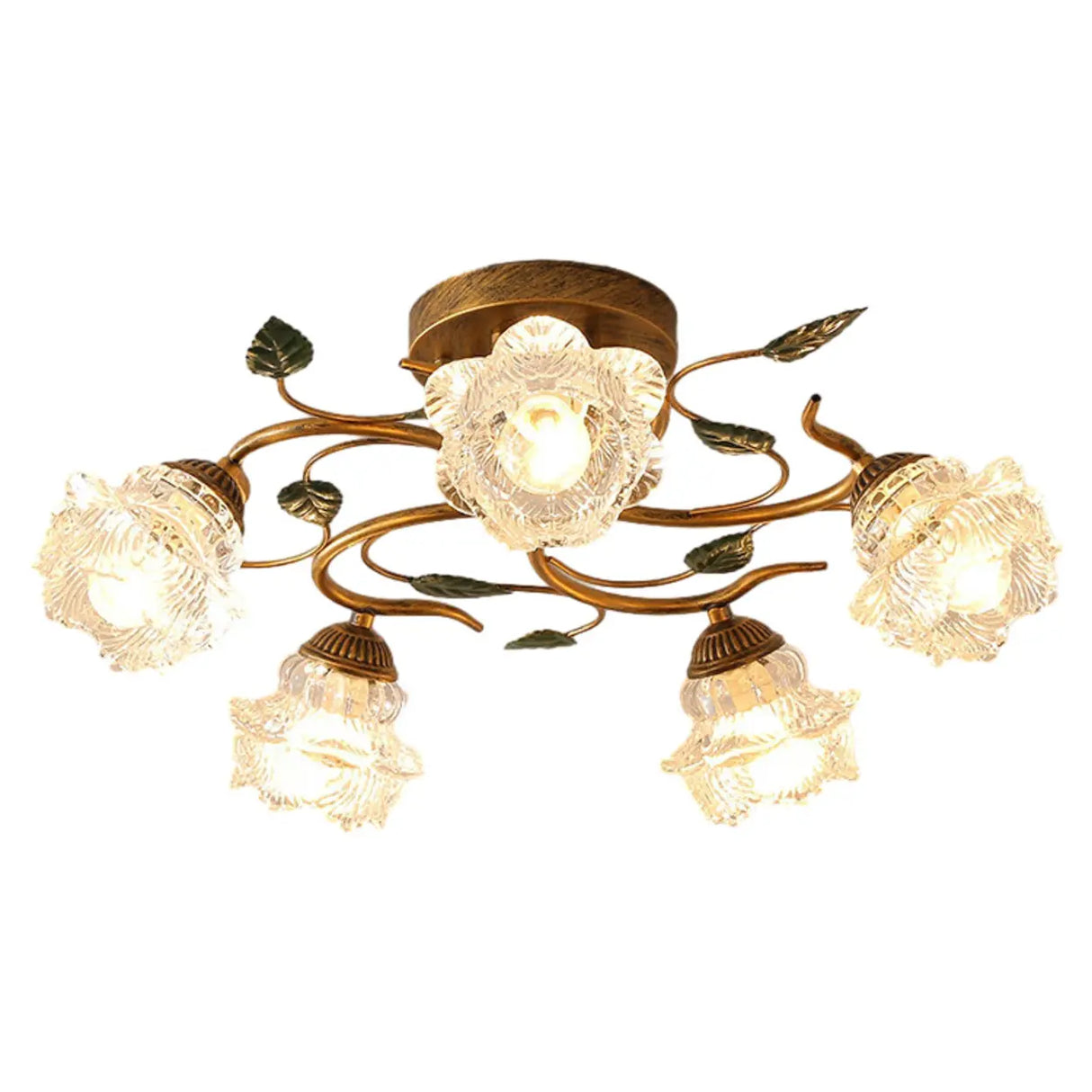 Retro Floral Brass Glass Semi-Flush Mount Ceiling Light Image - 5