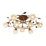 Retro Floral Brass Glass Semi-Flush Mount Ceiling Light Image - 6