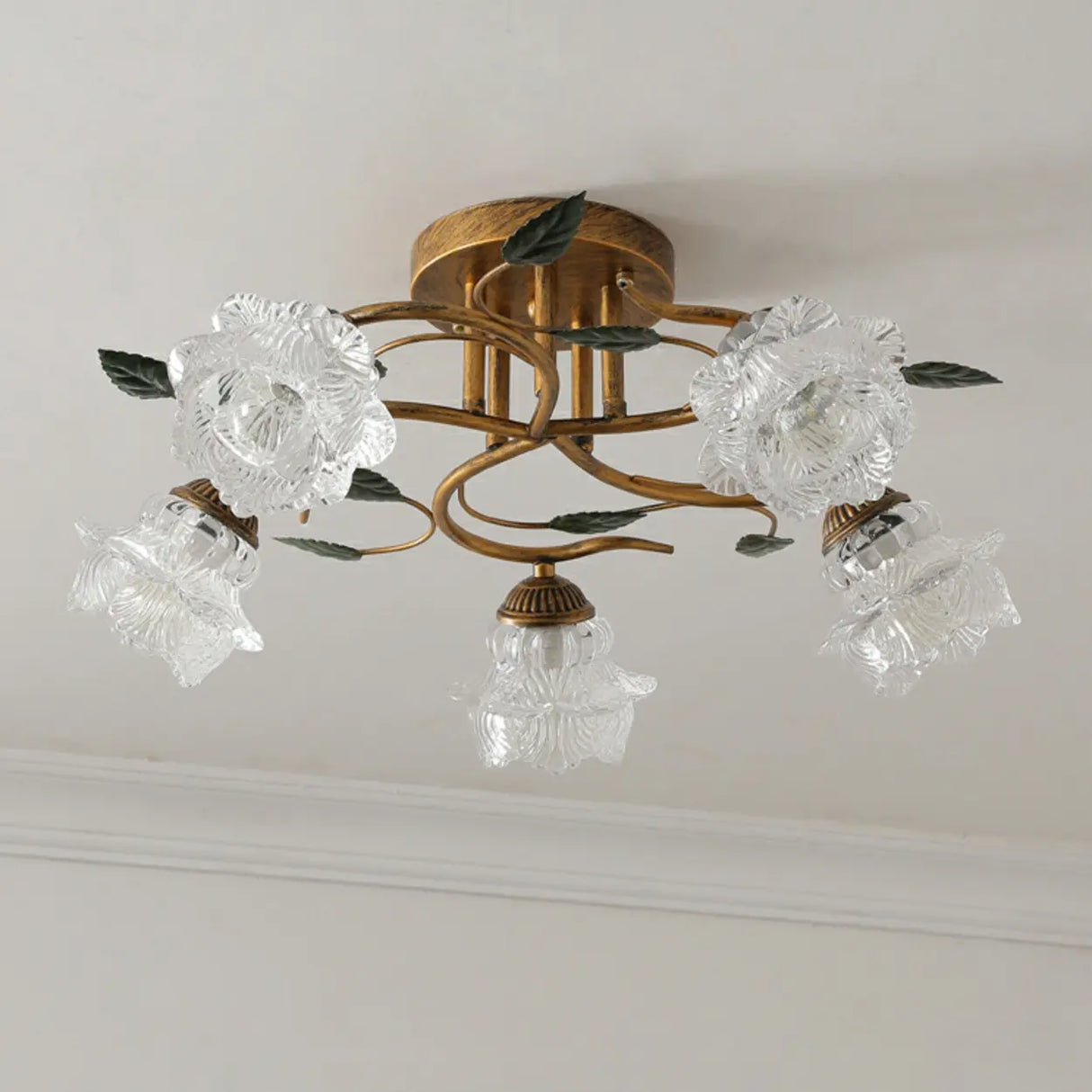 Retro Floral Brass Glass Semi-Flush Mount Ceiling Light Image - 7