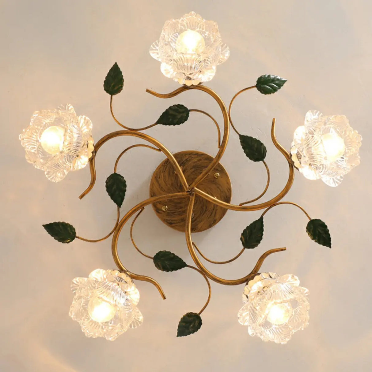 Retro Floral Brass Glass Semi-Flush Mount Ceiling Light Image - 8