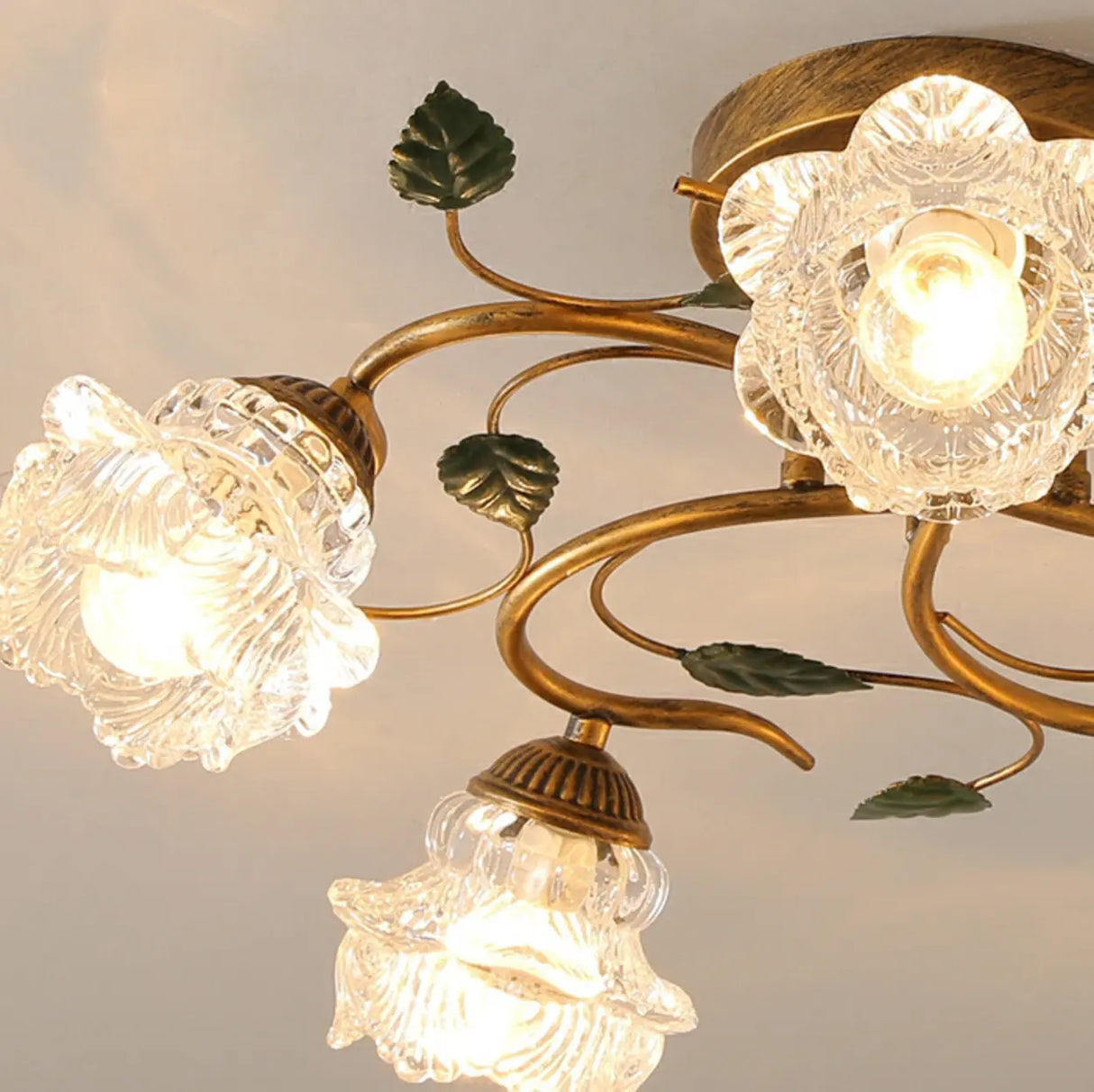 Retro Floral Brass Glass Semi-Flush Mount Ceiling Light Image - 9