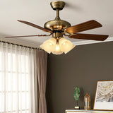 Retro Floral Shade 5 Wood Blade Brass Ceiling Fan Light Image - 1