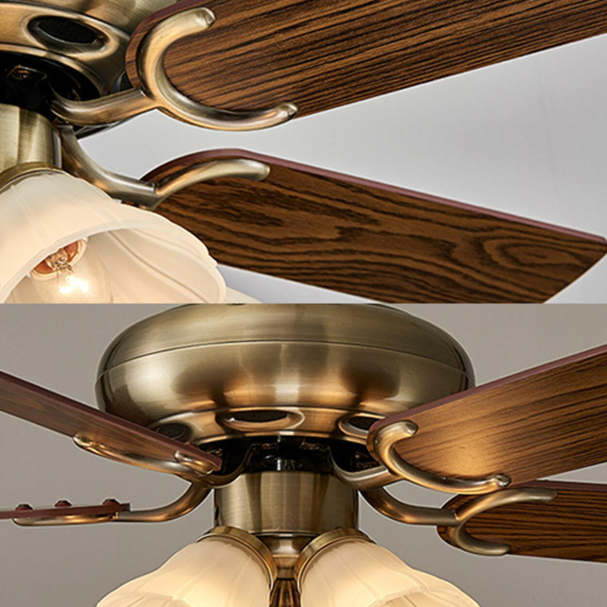 Retro Floral Shade 5 Wood Blade Brass Ceiling Fan Light Image - 11