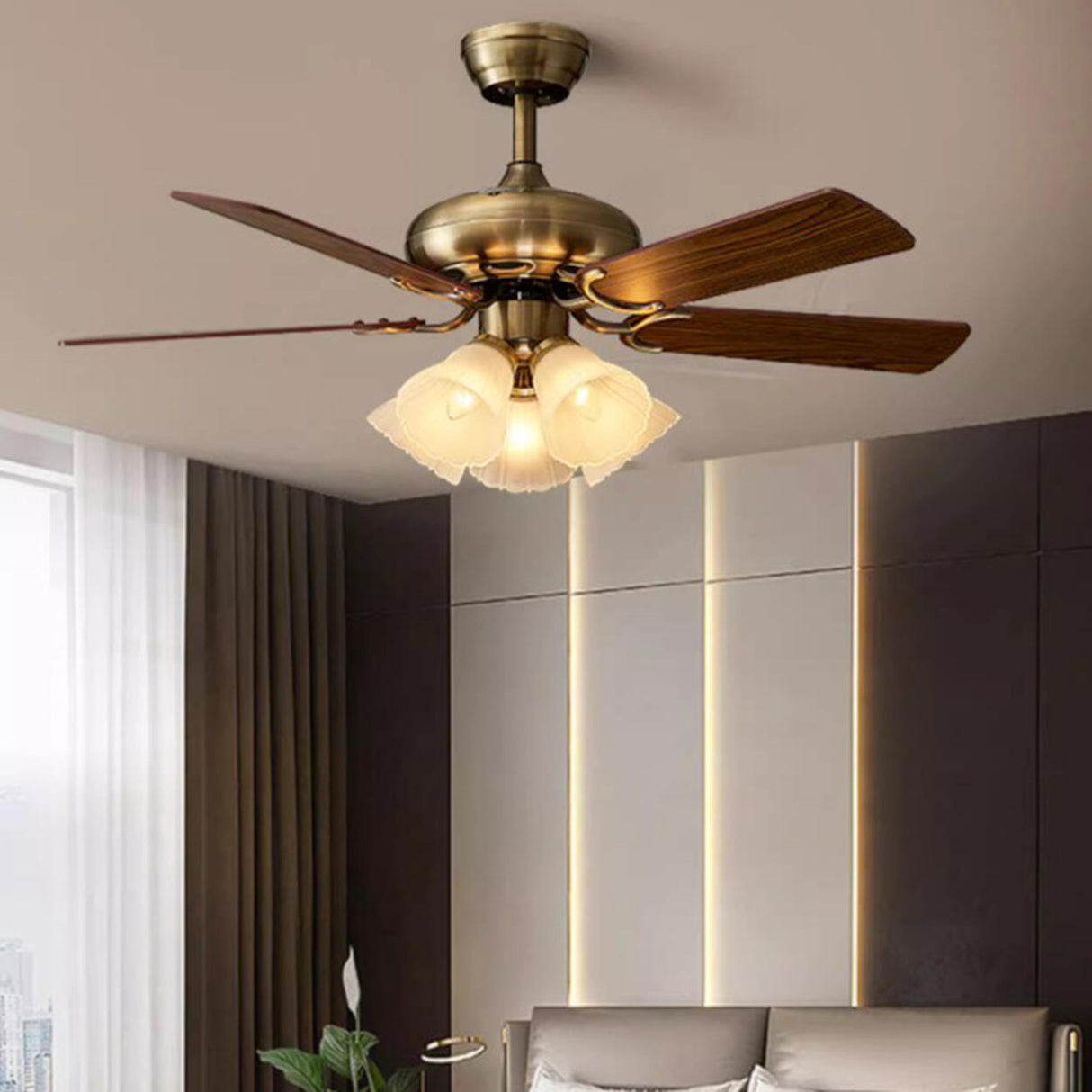 Retro Floral Shade 5 Wood Blade Brass Ceiling Fan Light Image - 12