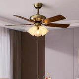 Retro Floral Shade 5 Wood Blade Brass Ceiling Fan Light Image - 13