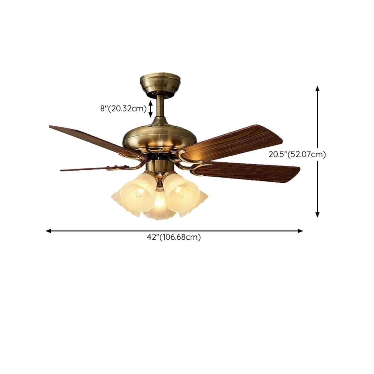 Retro Floral Shade 5 Wood Blade Brass Ceiling Fan Light Image - 16