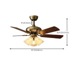 Retro Floral Shade 5 Wood Blade Brass Ceiling Fan Light Image - 16