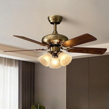 Retro Floral Shade 5 Wood Blade Brass Ceiling Fan Light Image - 2