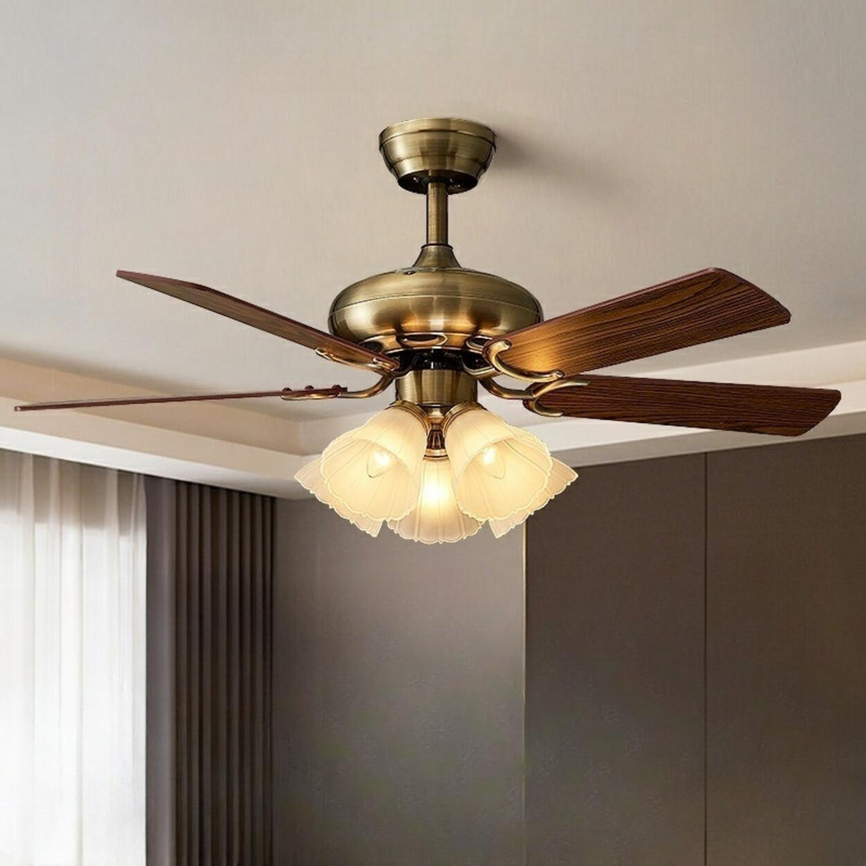 Retro Floral Shade 5 Wood Blade Brass Ceiling Fan Light Image - 3