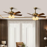 Retro Floral Shade 5 Wood Blade Brass Ceiling Fan Light Image - 4