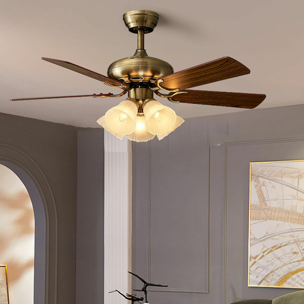 Retro Floral Shade 5 Wood Blade Brass Ceiling Fan Light Image - 5