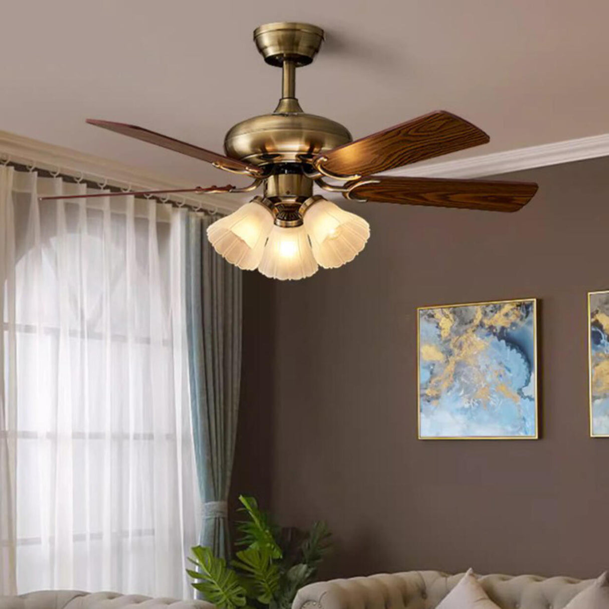 Retro Floral Shade 5 Wood Blade Brass Ceiling Fan Light Image - 6