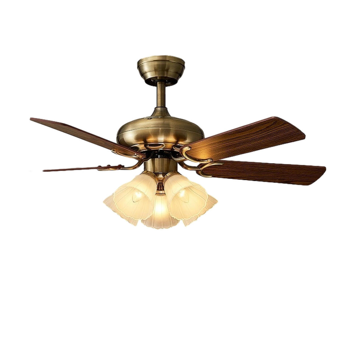 Retro Floral Shade 5 Wood Blade Brass Ceiling Fan Light Image - 7