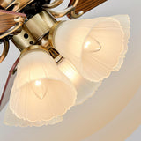 Retro Floral Shade 5 Wood Blade Brass Ceiling Fan Light Image - 9