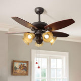 Retro Flower Glass Shade 5 Wood Blade Ceiling Fan Light Image - 1