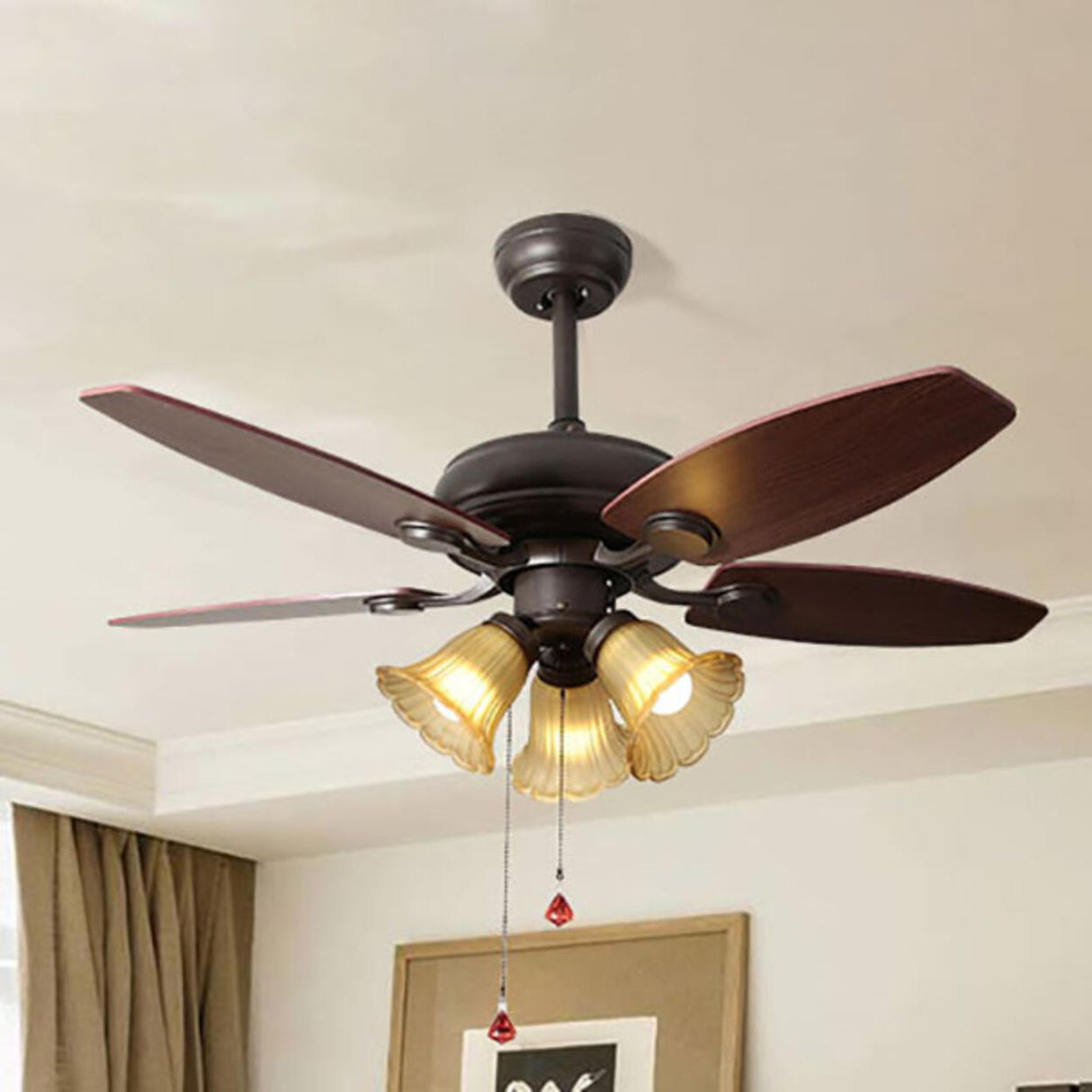 Retro Flower Glass Shade 5 Wood Blade Ceiling Fan Light Image - 3