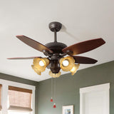 Retro Flower Glass Shade 5 Wood Blade Ceiling Fan Light Image - 4