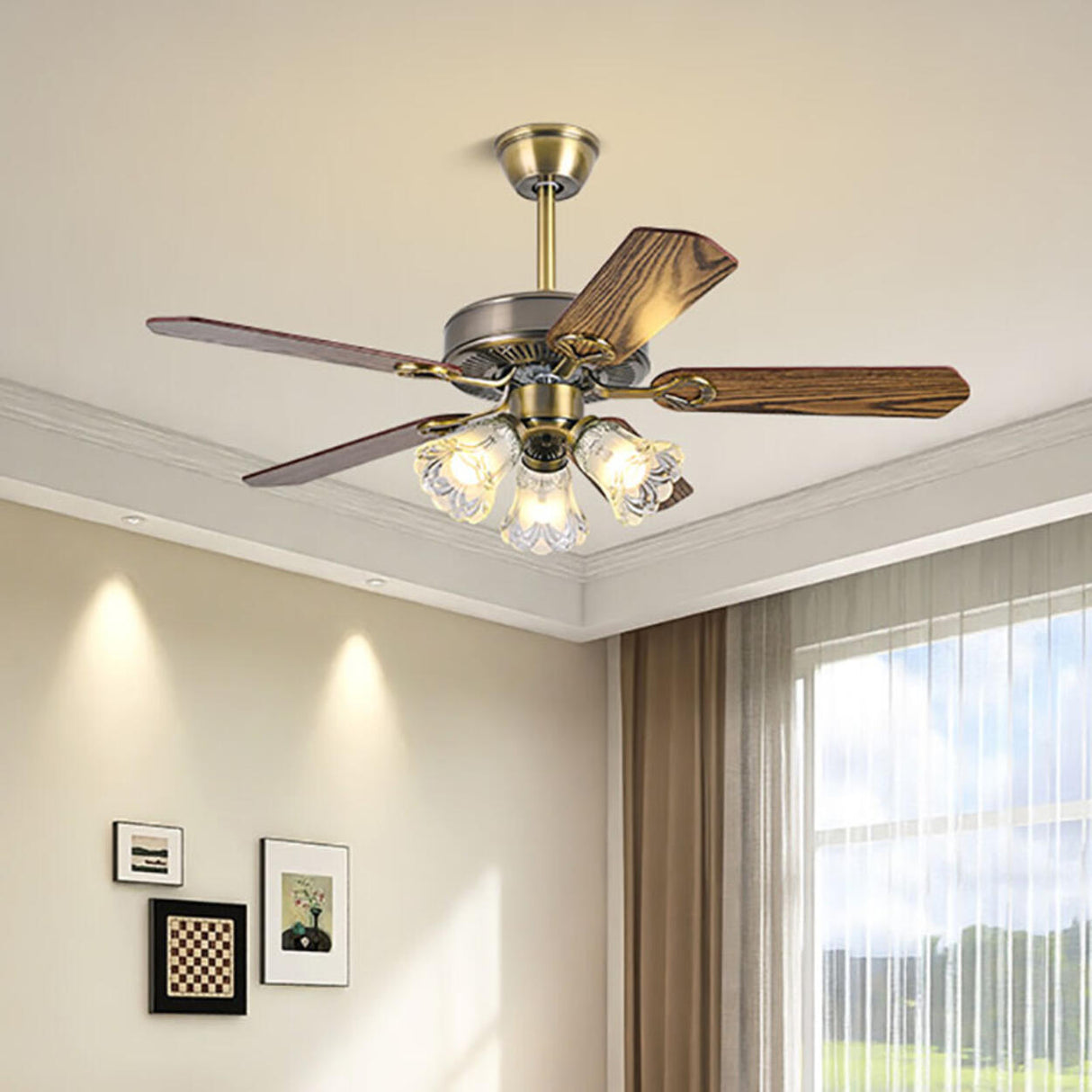 Retro Flower Remote Control Ceiling Fan with Light Image - 2