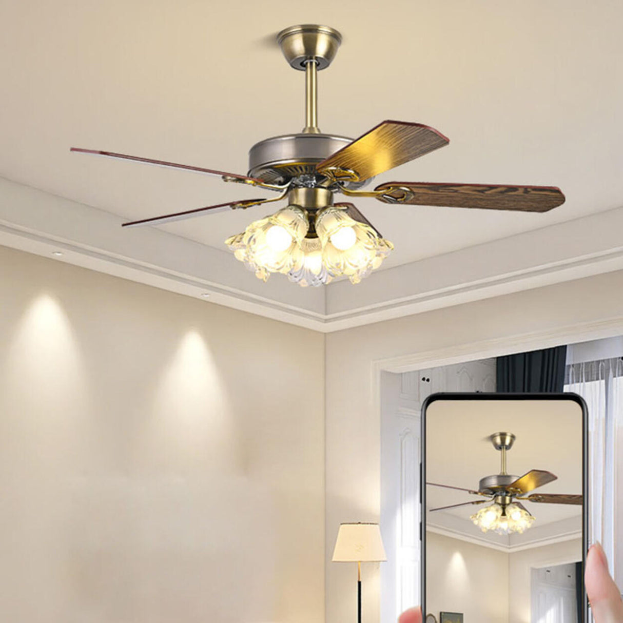 Retro Flower Remote Control Ceiling Fan with Light Image - 23