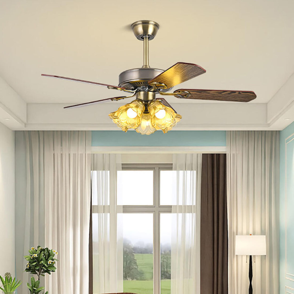 Retro Flower Remote Control Ceiling Fan with Light Image - 3