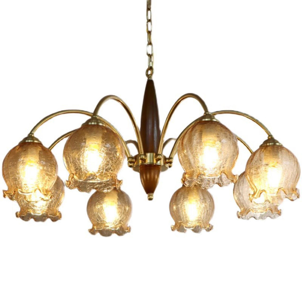 Retro Gold Glass Ball  Brass and Wood Chandelier Image - 10