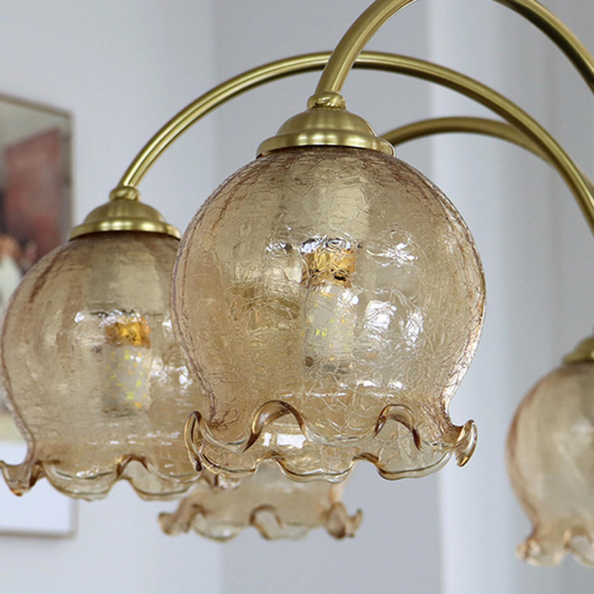 Retro Gold Glass Ball  Brass and Wood Chandelier Image - 12