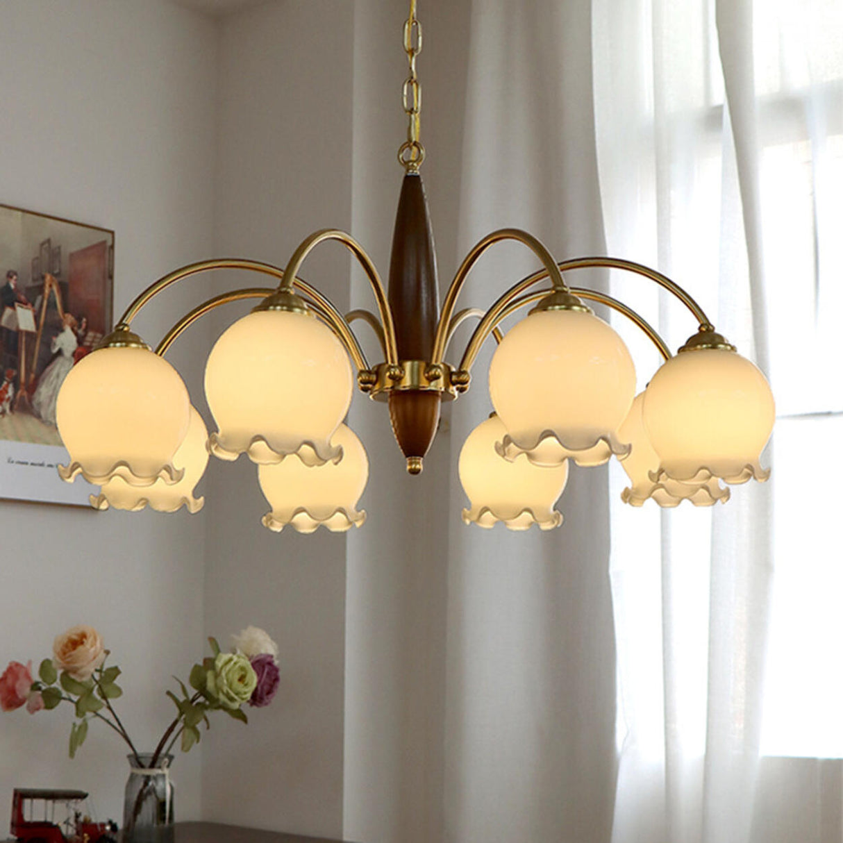 Retro Gold Glass Ball  Brass and Wood Chandelier Image - 14