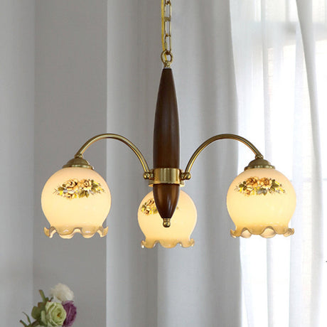 Retro Gold Glass Ball  Brass and Wood Chandelier Image - 2