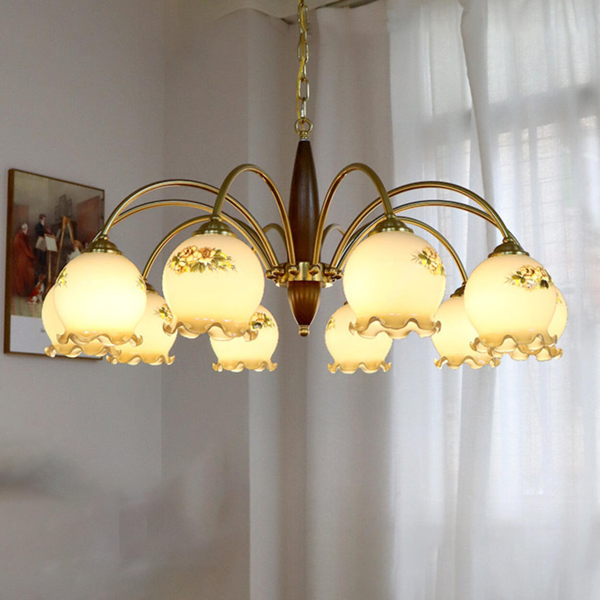 Retro Gold Glass Ball  Brass and Wood Chandelier Image - 8