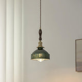 Retro Green Zigzag Pattern Drum Dining Room Pendant Light Image - 3