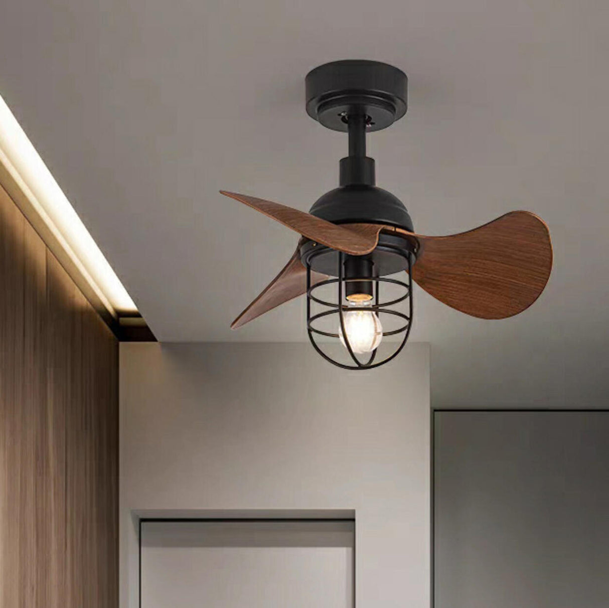 Retro Industrial 3-Blade Cage Ceiling Fan with Light Image - 1