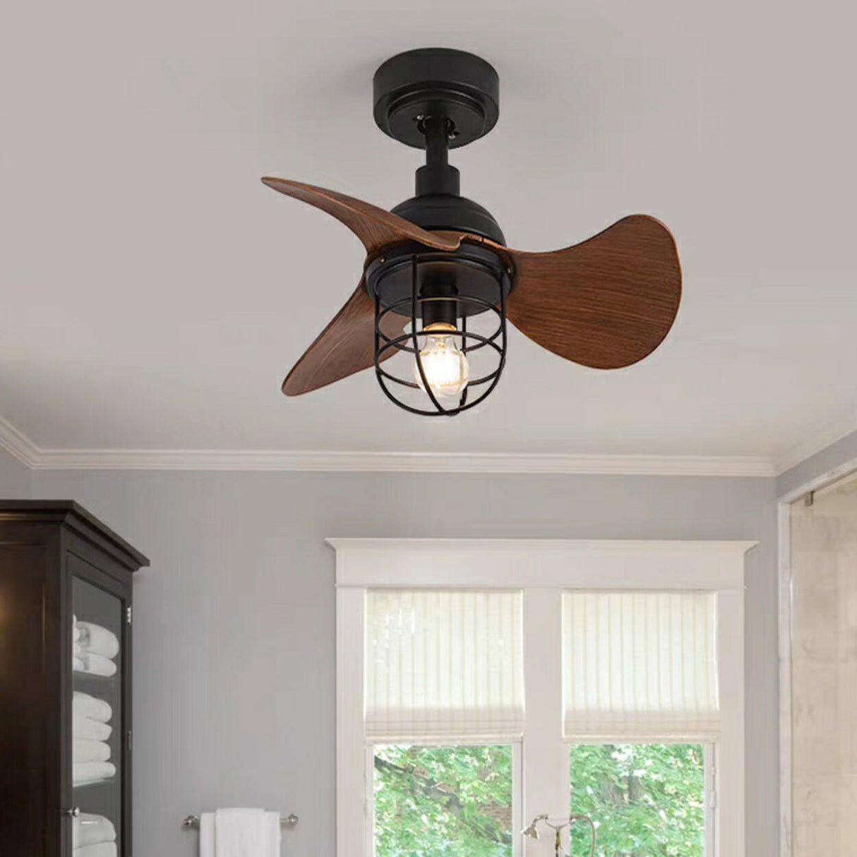 Retro Industrial 3-Blade Cage Ceiling Fan with Light Image - 3