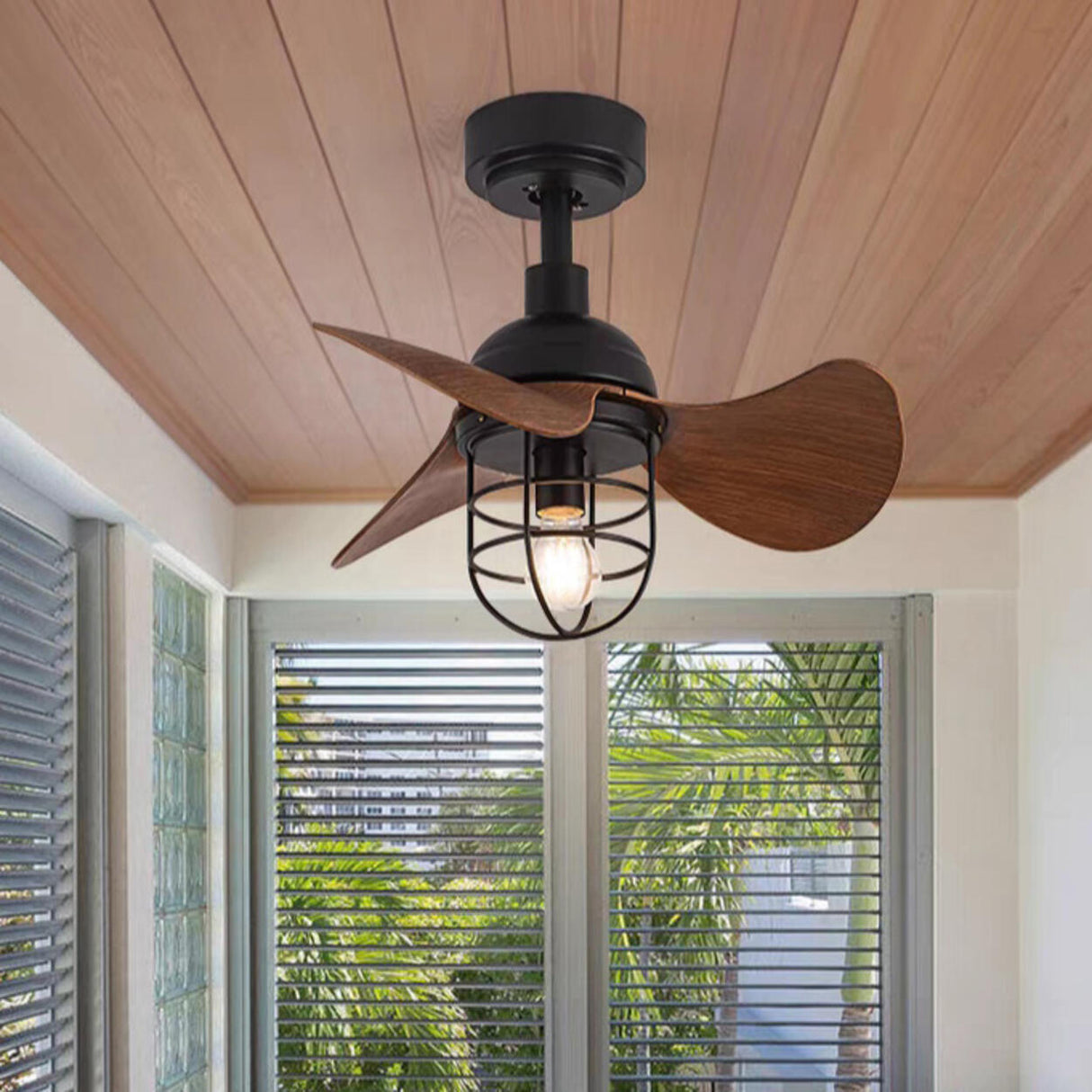 Retro Industrial 3-Blade Cage Ceiling Fan with Light Image - 4