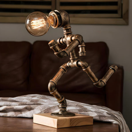 Retro Industrial Pipe Robot Wooden Base Table Lamp Image - 1