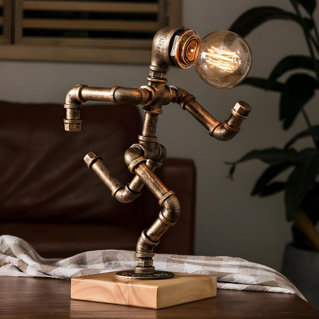 Retro Industrial Pipe Robot Wooden Base Table Lamp Image - 10