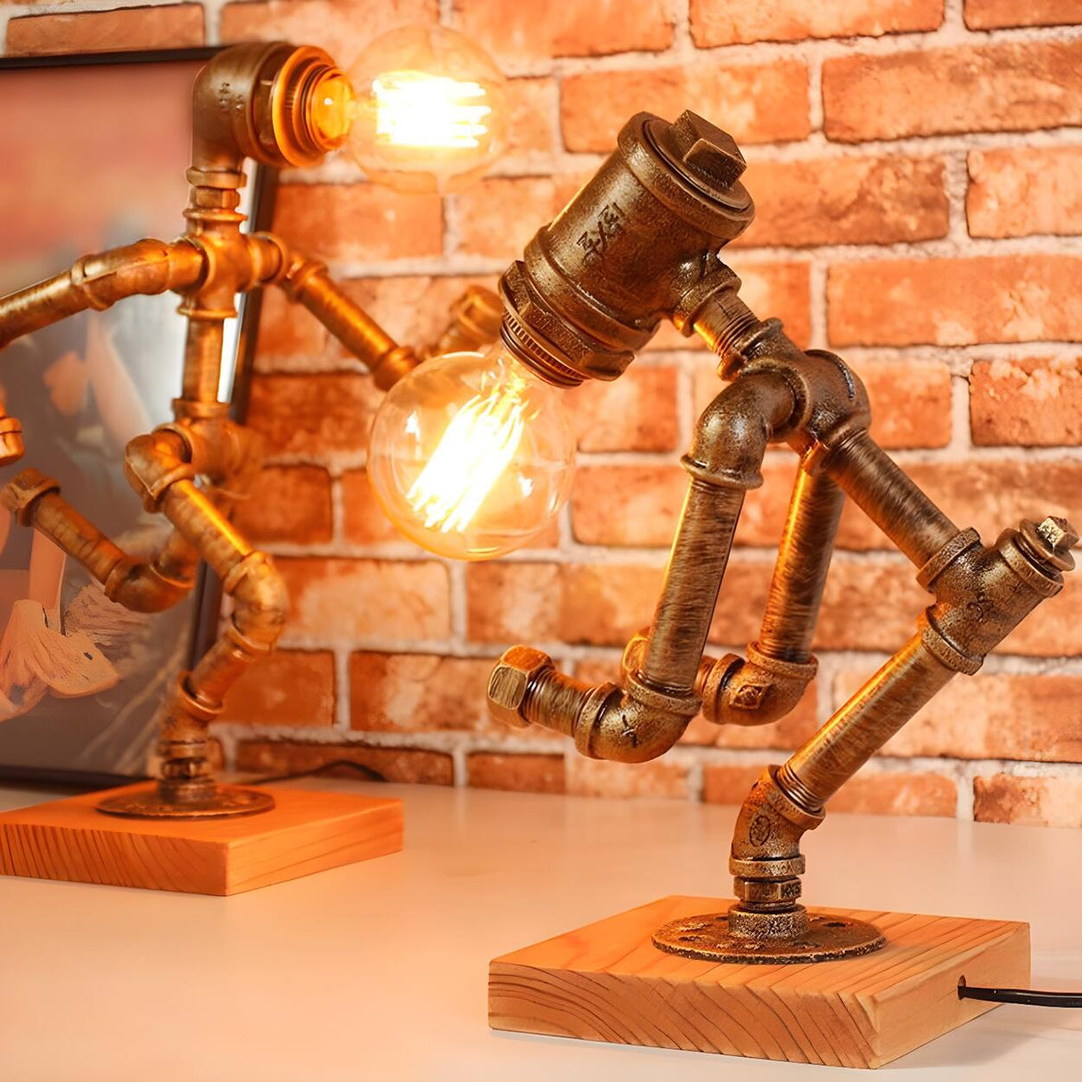 Retro Industrial Pipe Robot Wooden Base Table Lamp Image - 2