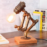 Retro Industrial Pipe Robot Wooden Base Table Lamp Image - 3