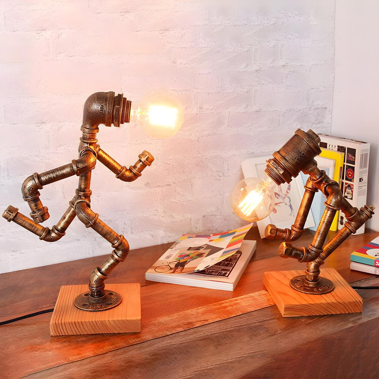 Retro Industrial Pipe Robot Wooden Base Table Lamp Image - 7