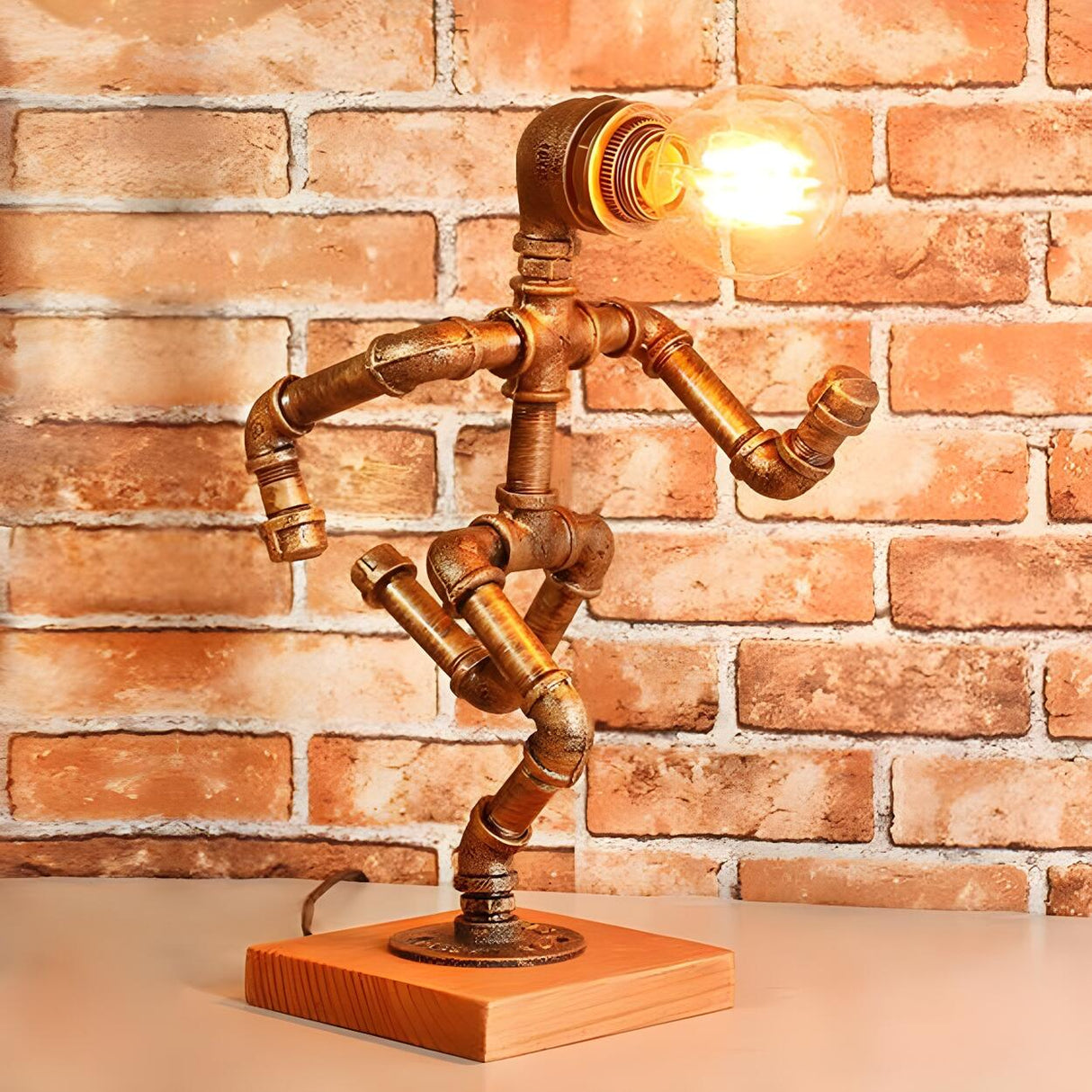 Retro Industrial Pipe Robot Wooden Base Table Lamp Image - 9