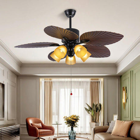 Retro Leaf Shaped Blades Glass Shades Ceiling Fan Light Image - 2