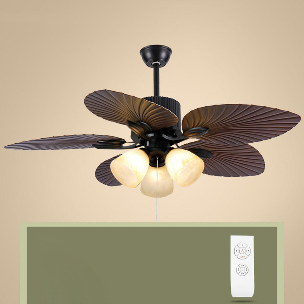 Retro Leaf Shaped Blades Glass Shades Ceiling Fan Light Image - 6