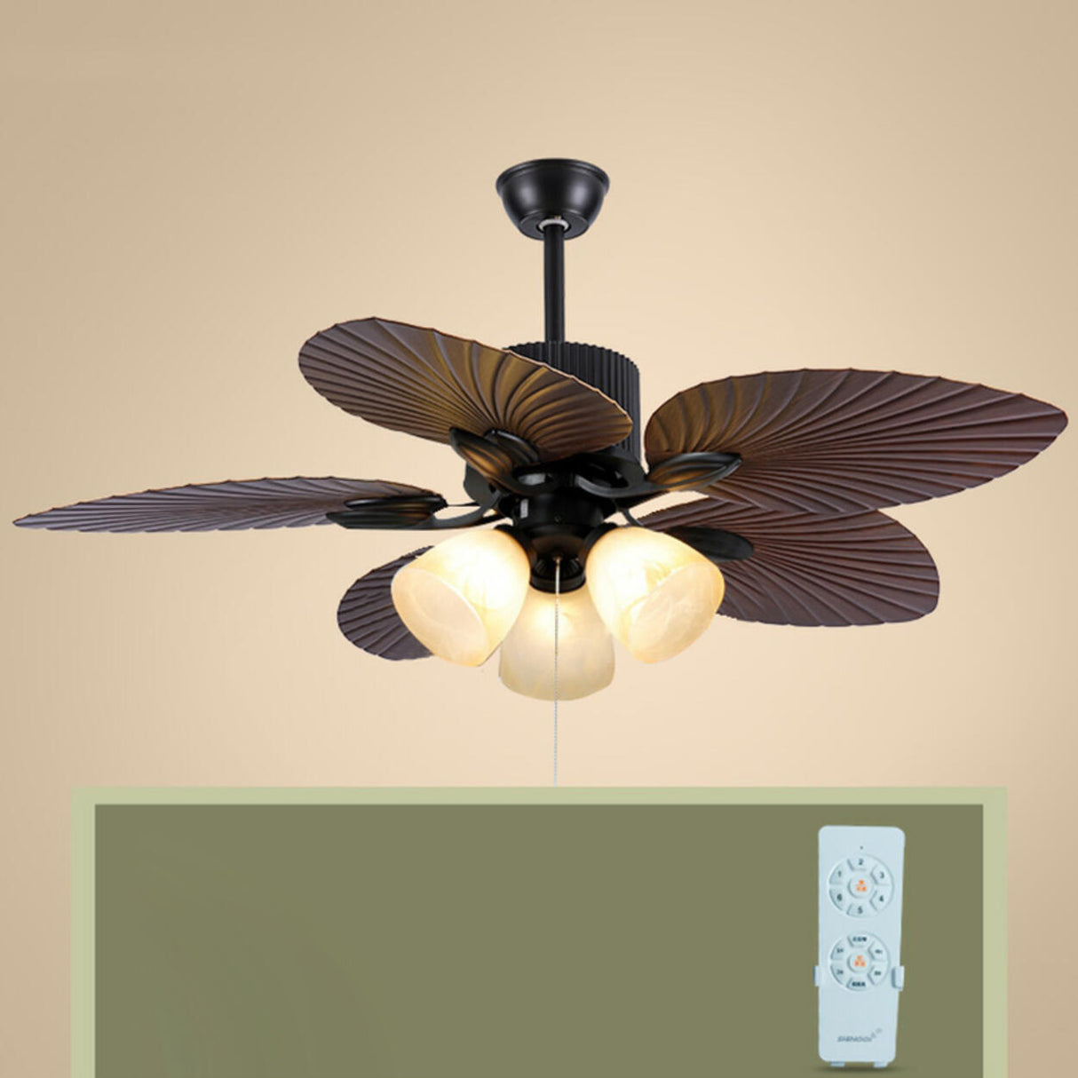 Retro Leaf Shaped Blades Glass Shades Ceiling Fan Light Image - 7