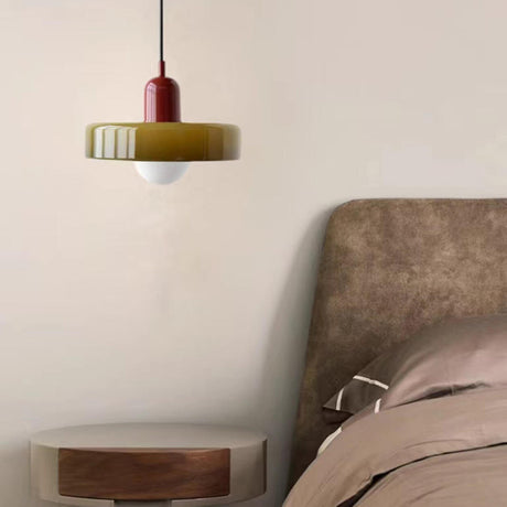 Retro Olive Green and Red Disc Round Bedroom Pendant Light Image - 1