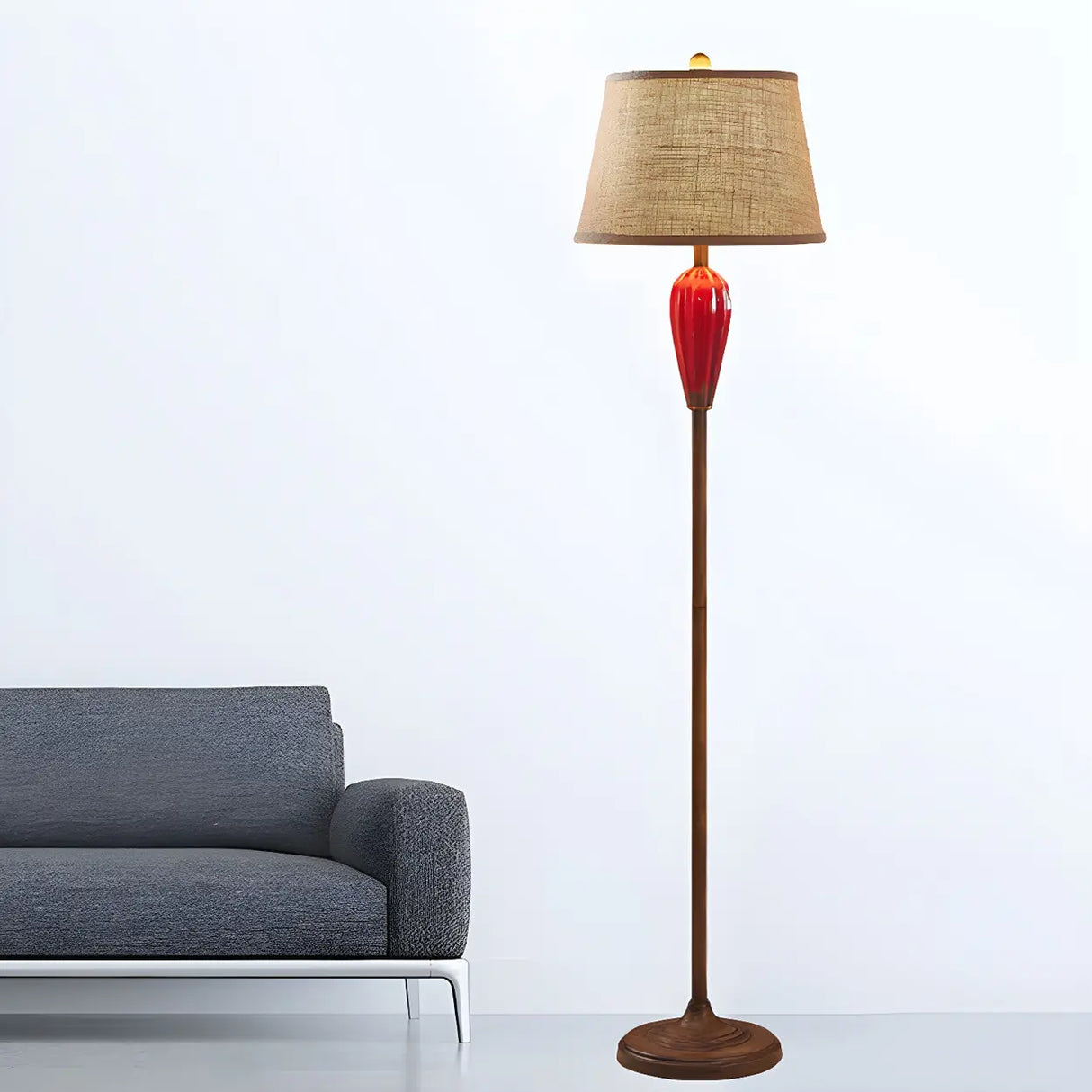 Retro Red Urn Porcelain and Cylinder Fabric Floor Lamp Image - 2