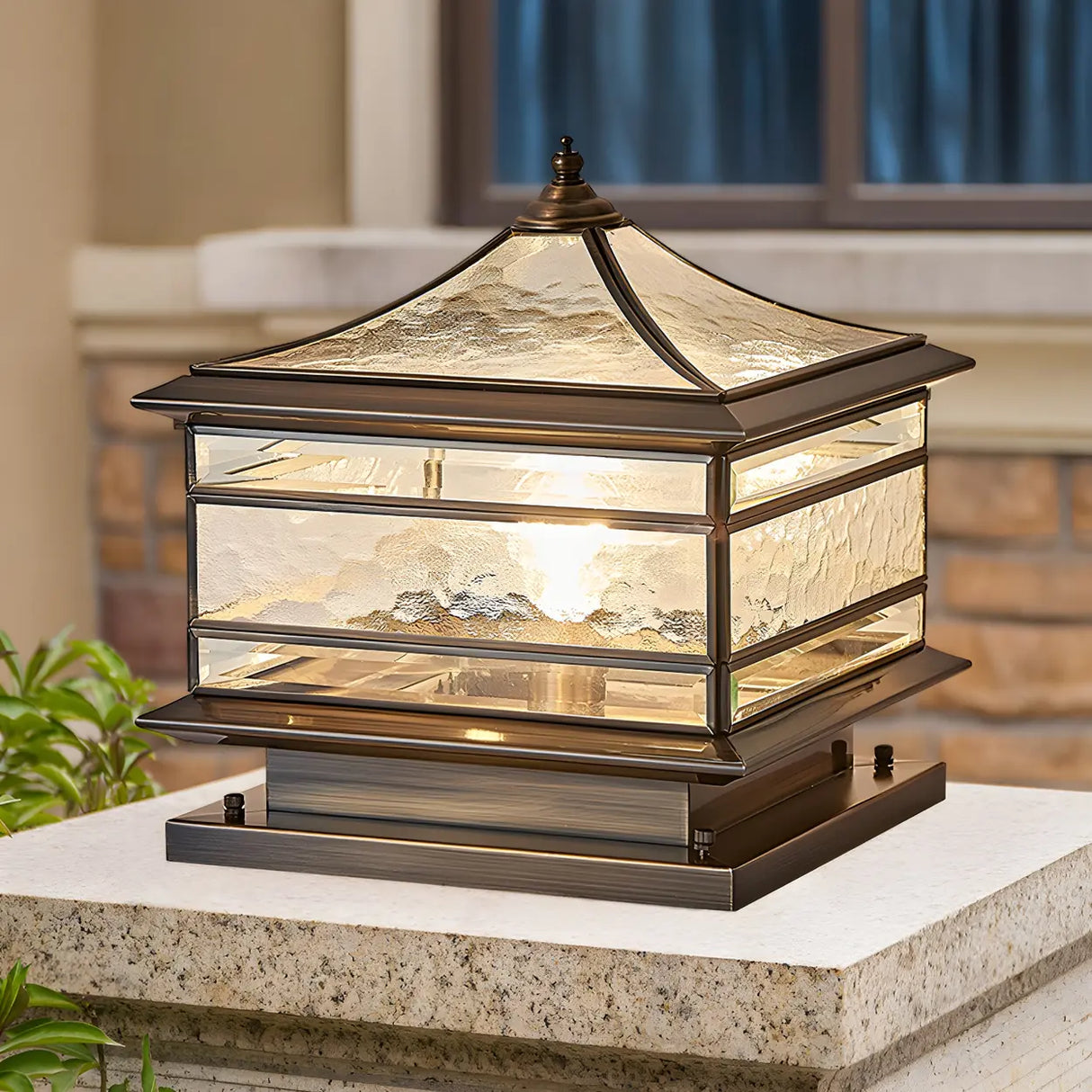 Retro Square Pagoda Glass Outdoor Patio Post Light Image - 1