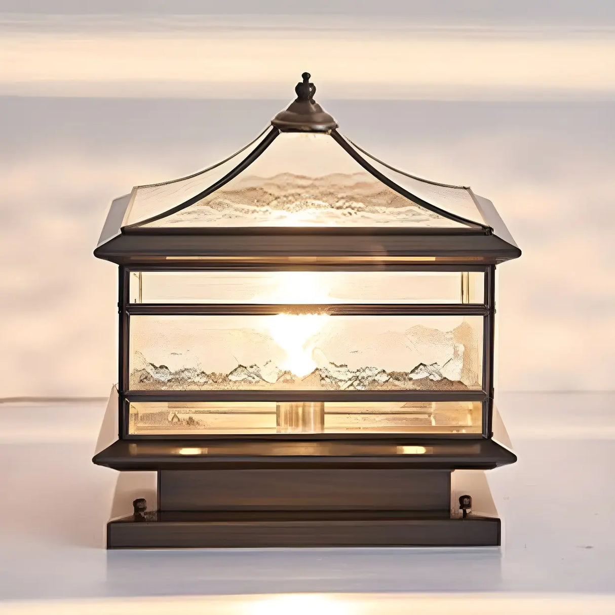 Retro Square Pagoda Glass Outdoor Patio Post Light Image - 10