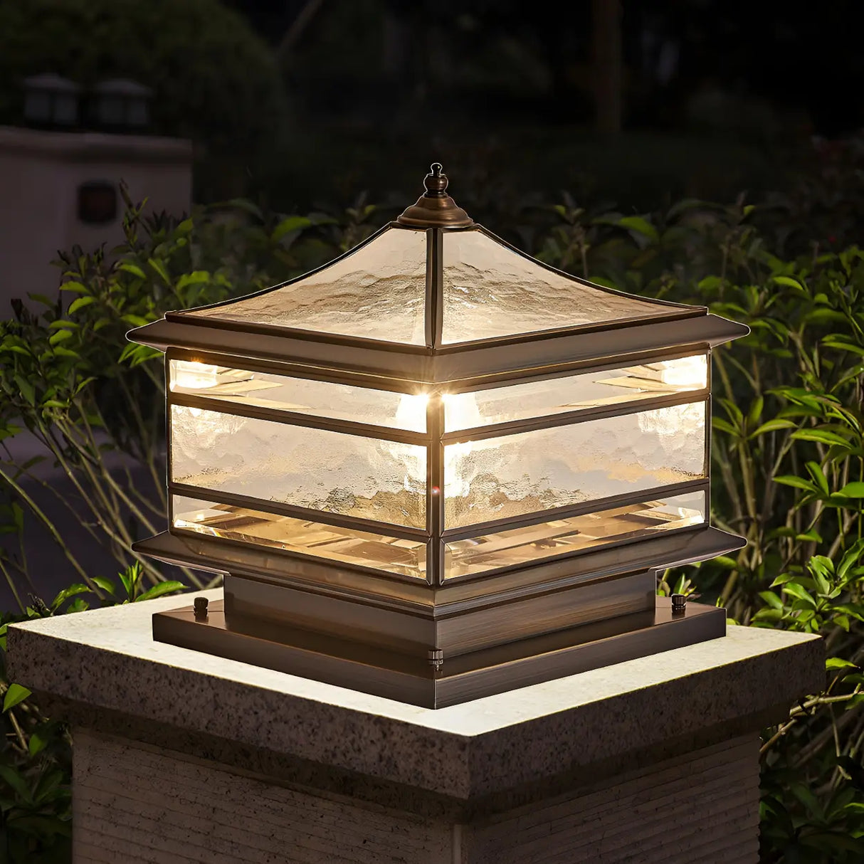 Retro Square Pagoda Glass Outdoor Patio Post Light Image - 2